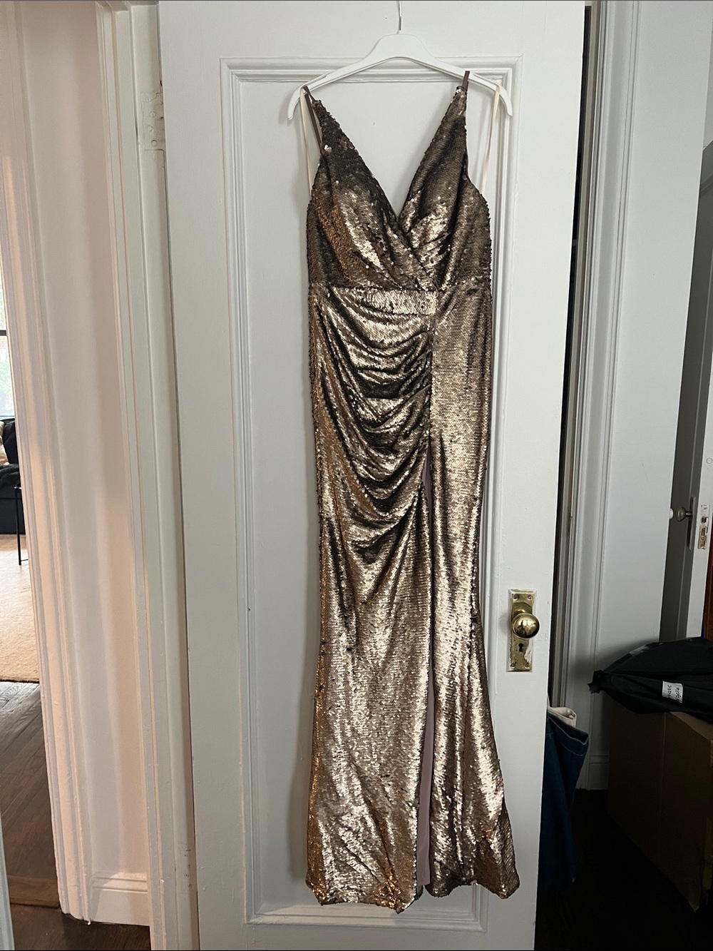 Portia and Scarlett Gold Sequin Ruched V-Neck Maxi Dress